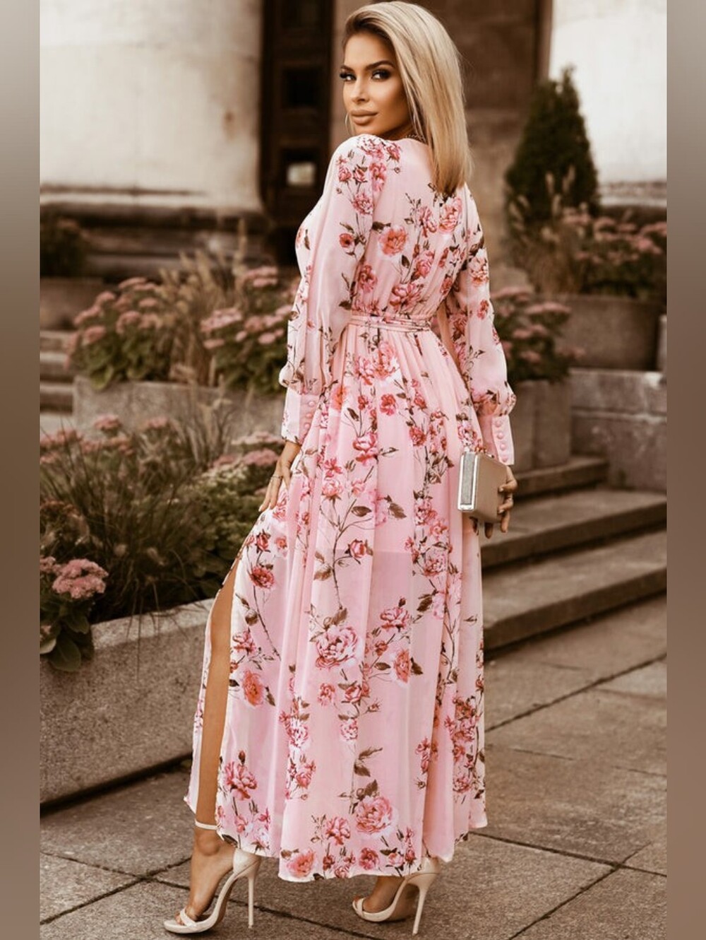 LAST ONE! Pink Floral V Neck Maxi Dress With Long Sleeves - Picture 2 of 5